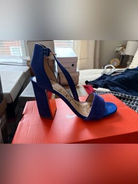Sam Edelman Royal Blue Suede Block Heel Sandals with Ankle Strap